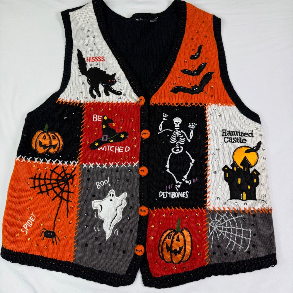 Vintage Halloween Patchwork Knit Vest Skeleton Ghost Pumpkin Sequin Black Orange